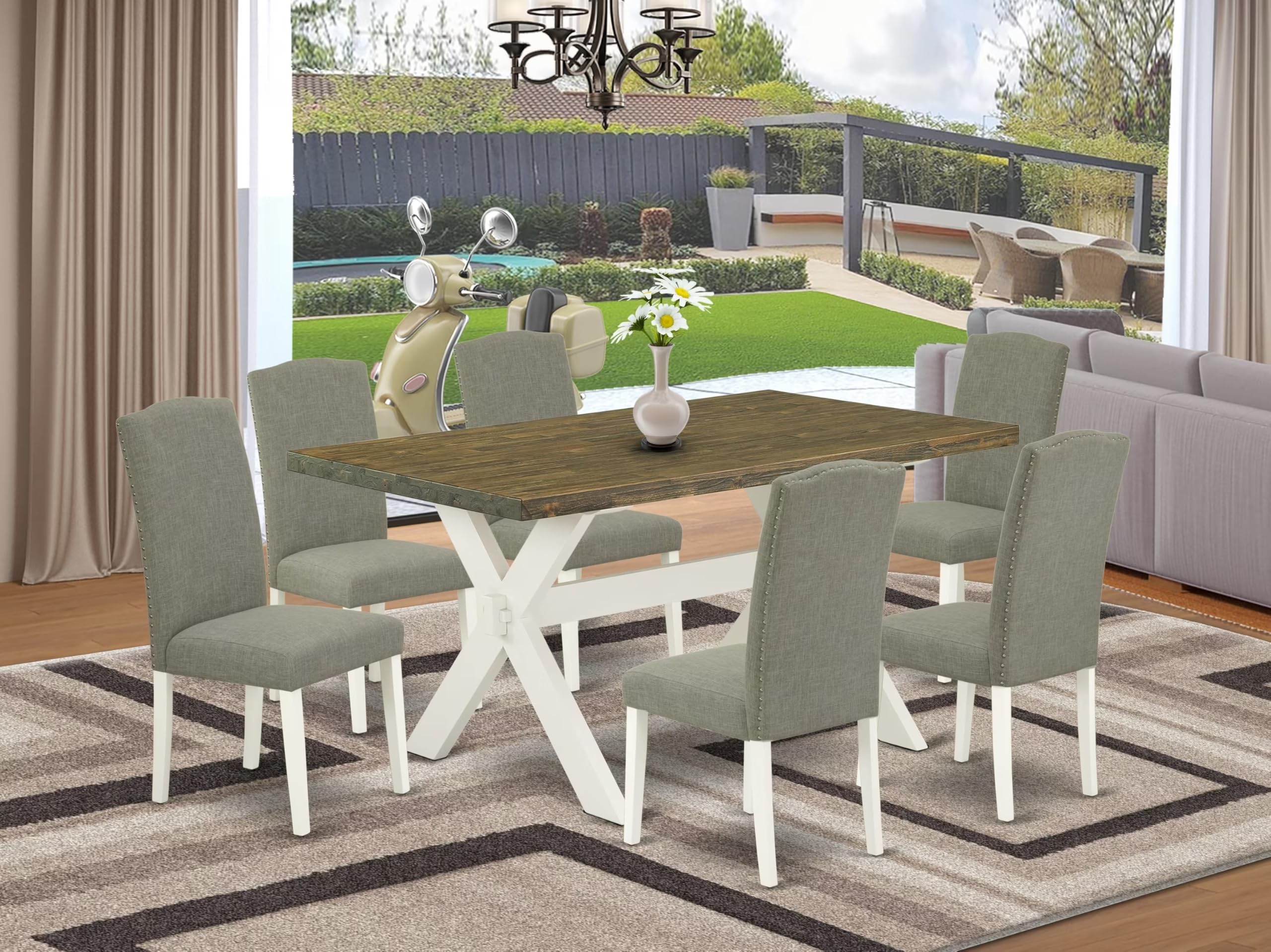 East West Furniture X076En206-7 7 Piece Modern Dining Table Set Consist Of A Rectangle Wooden Table With X-Legs And 6 Dark Shitake Linen Fabric Parson Chairs, 36X60 Inch, Multi-Color